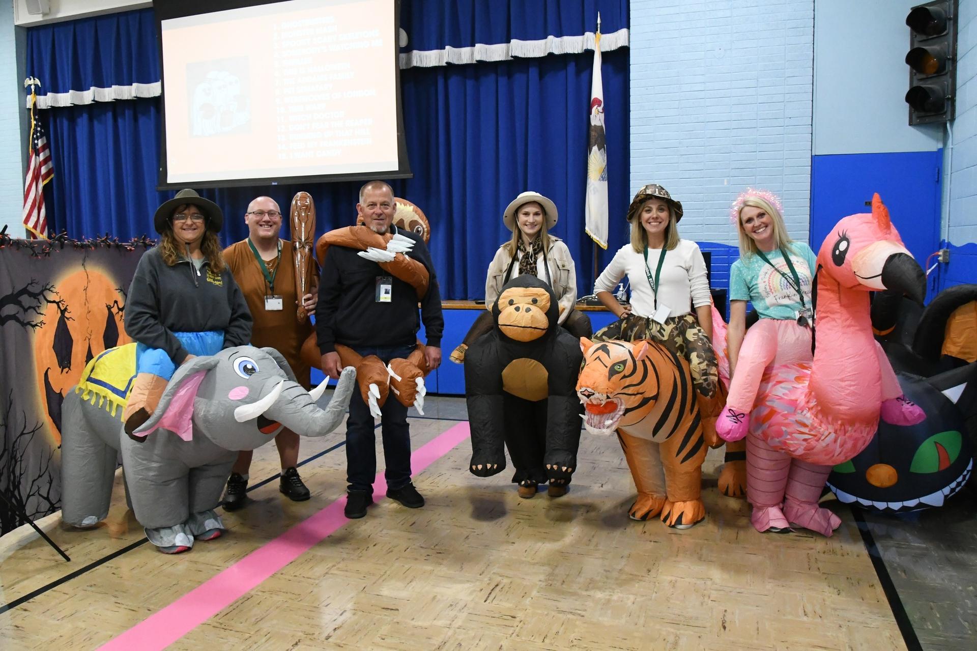 Picture of Franklin Trick-or-Treat event; staff in costumes
